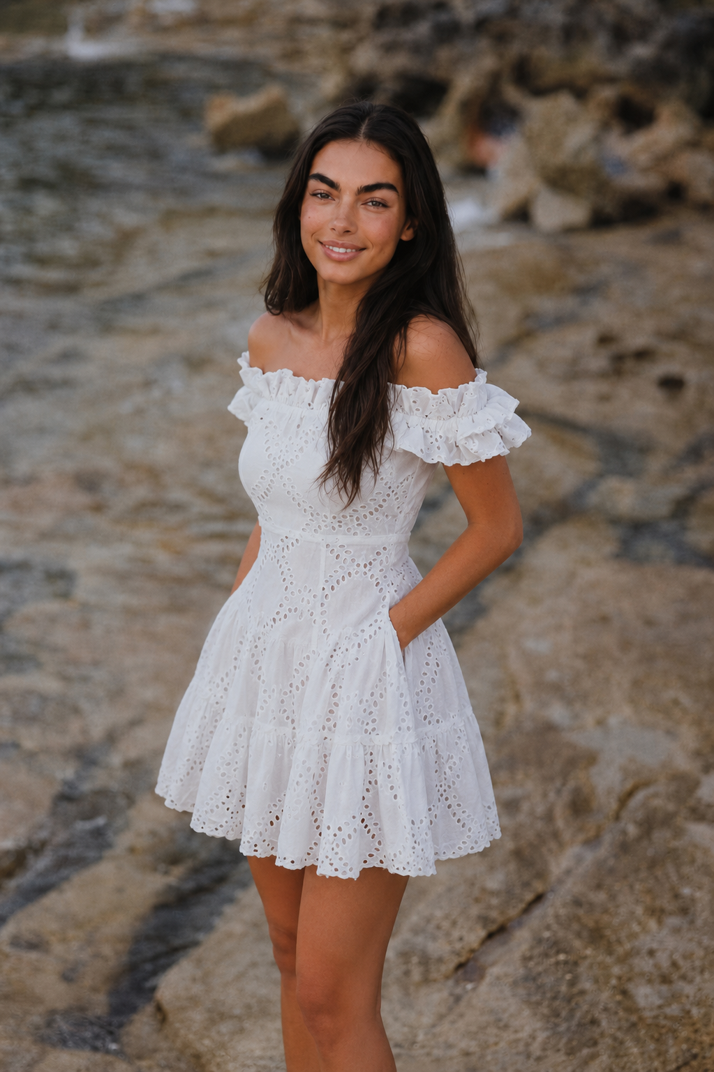 Eyelet Off the Shoulder Dress S / Green