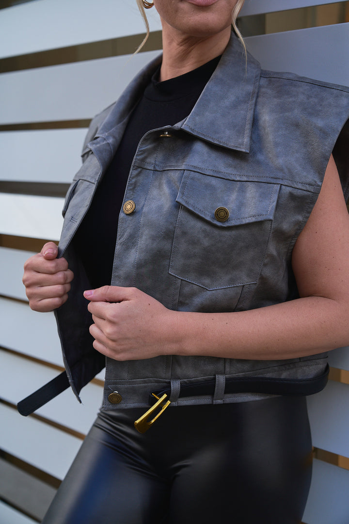 Vintage Finish Leather Belted Vest