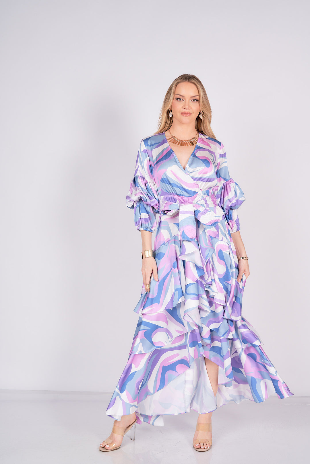 Ruffle Abstract Print Maxi Dress