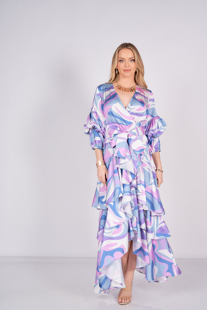Ruffle Abstract Print Maxi Dress