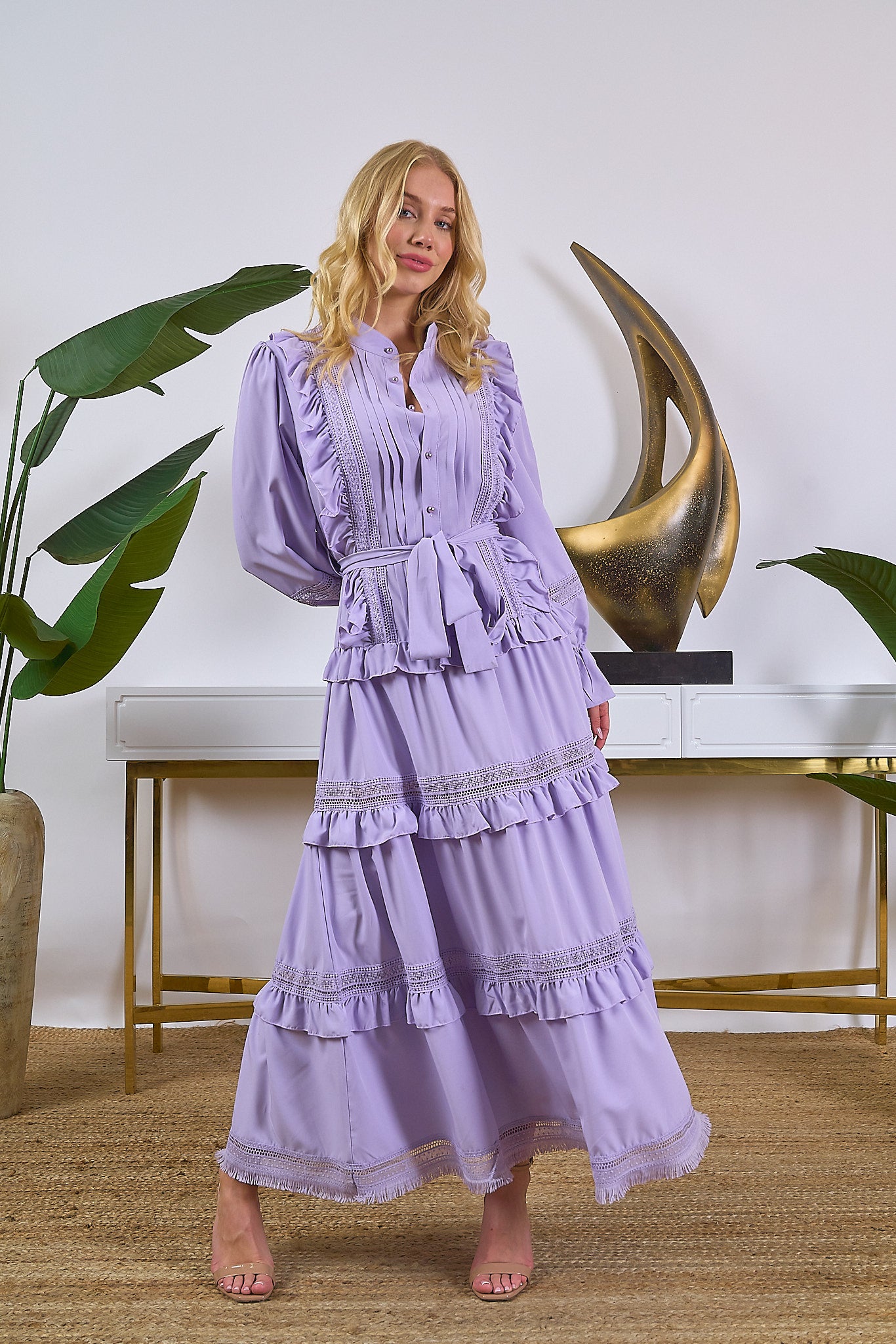 Luxe Lady Floral Ruffle Detail Back Lace-up Elastic Waist Maxi Dress