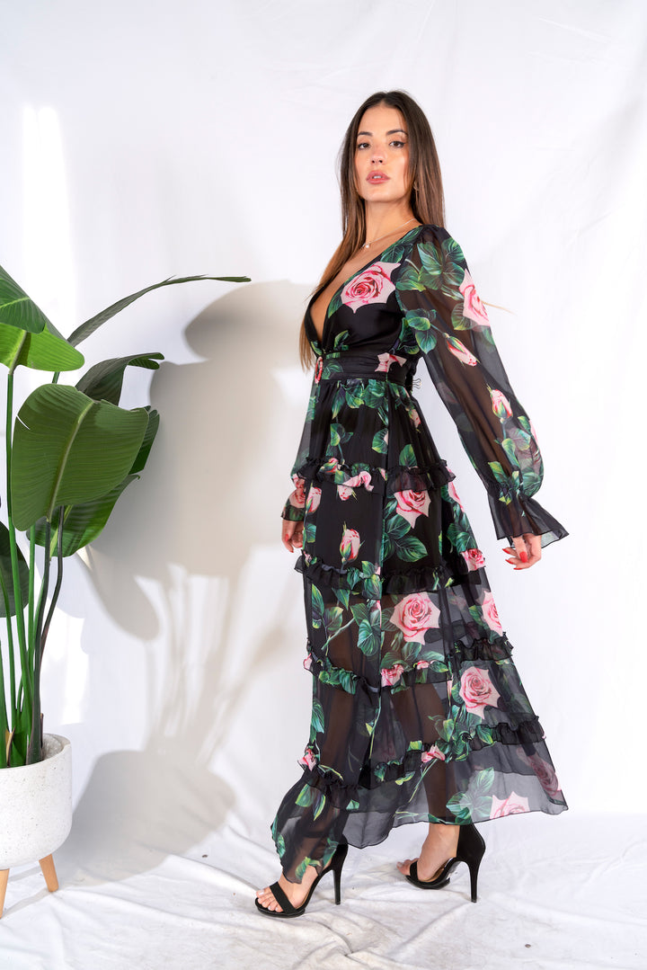 Floral Print Deep V-Neck Maxi Dress