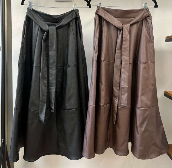 Belted Faux Leather Maxi Skirt