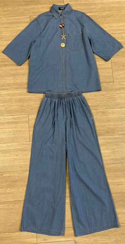Denim Short Sleeve Top and Palazzo Pants