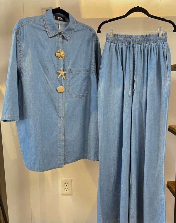 Denim Short Sleeve Top and Palazzo Pants