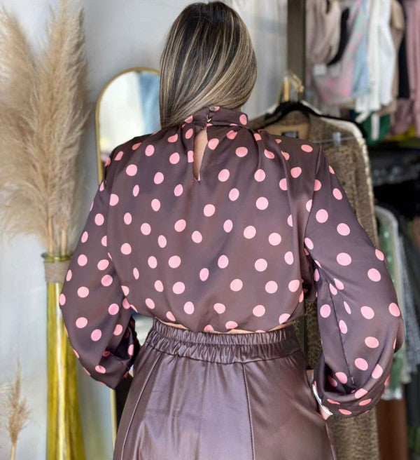 Polka Dots Satin Mock neckline