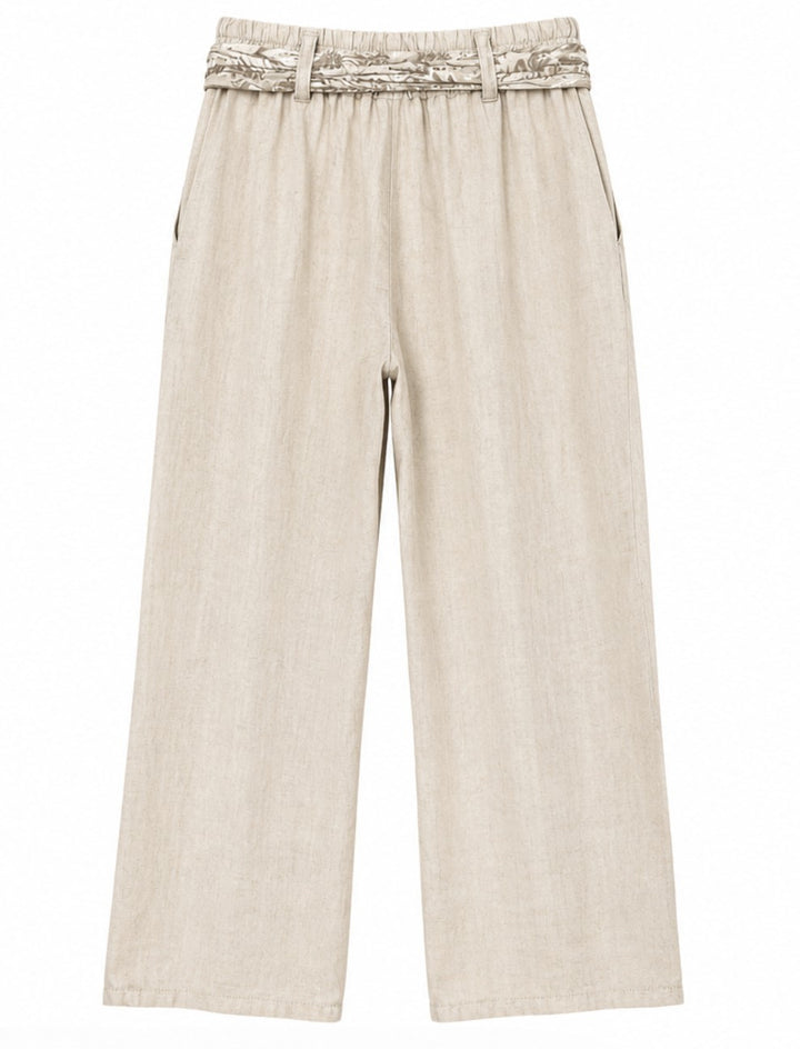Printed Scarf Belt Palazzo Linen Pants