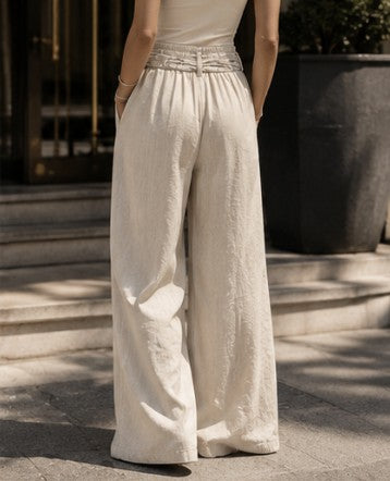 Printed Scarf Belt Palazzo Linen Pants
