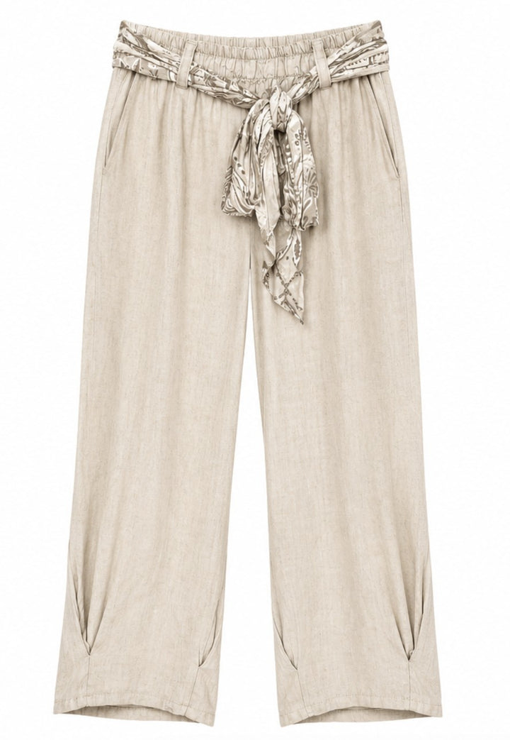 Printed Scarf Belt Palazzo Linen Pants