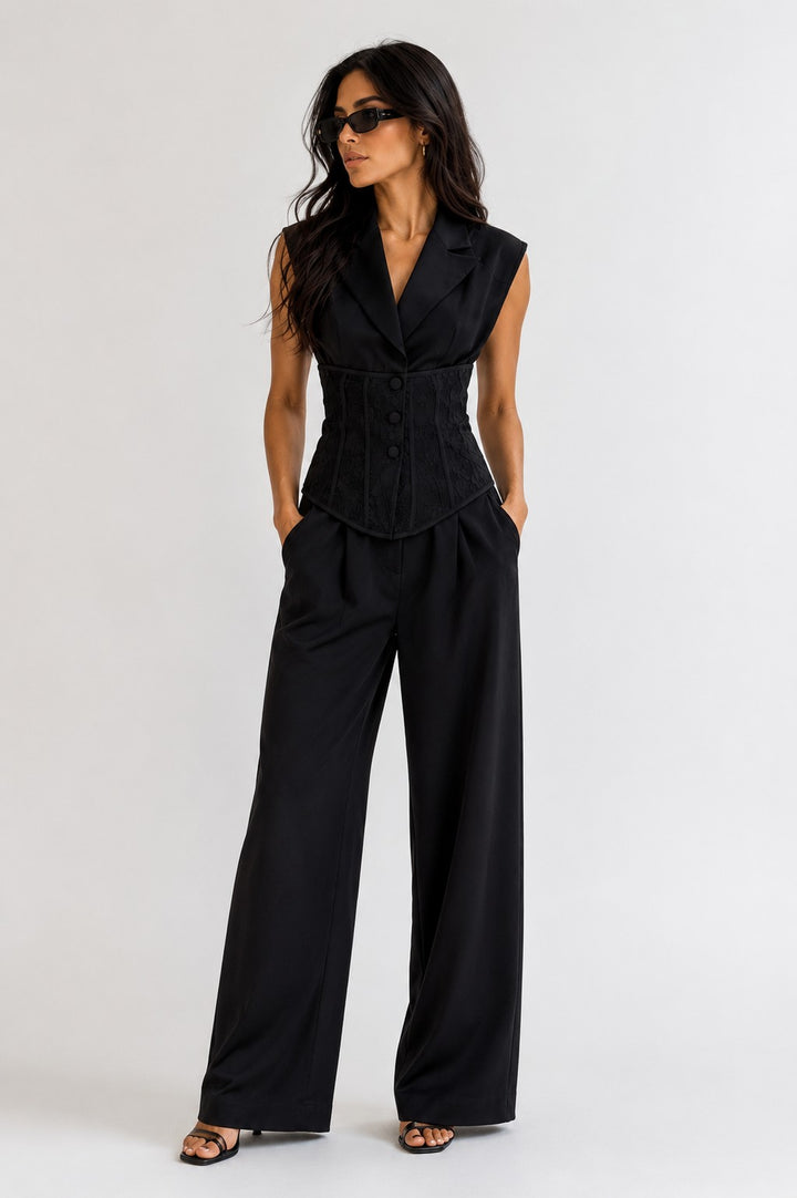 Lace Corset Vest & Wide-Leg Trouser Suit