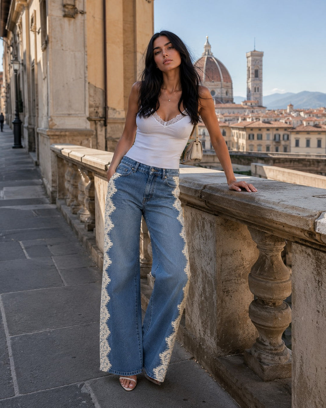 Lace Trim Wide Leg Jeans