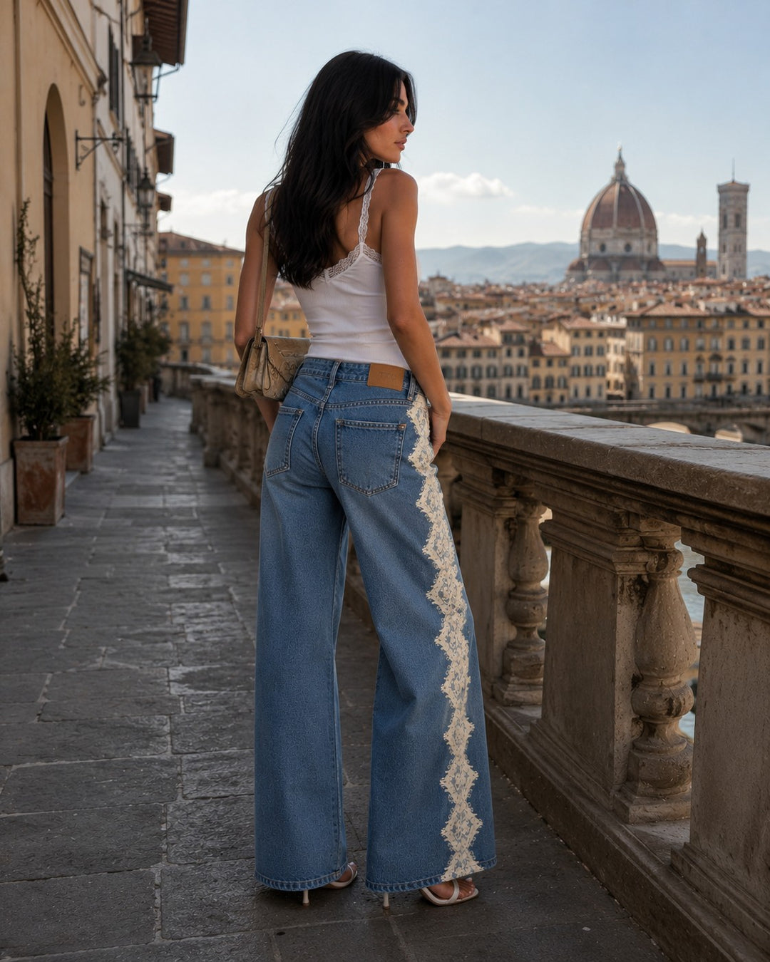 Lace Trim Wide Leg Jeans