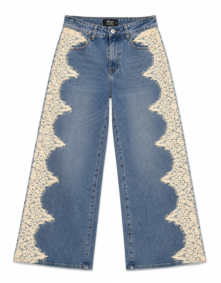 Lace Trim Wide Leg Jeans