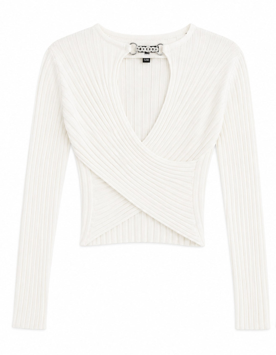 Ribbed Wrap Front Chain Detail Top