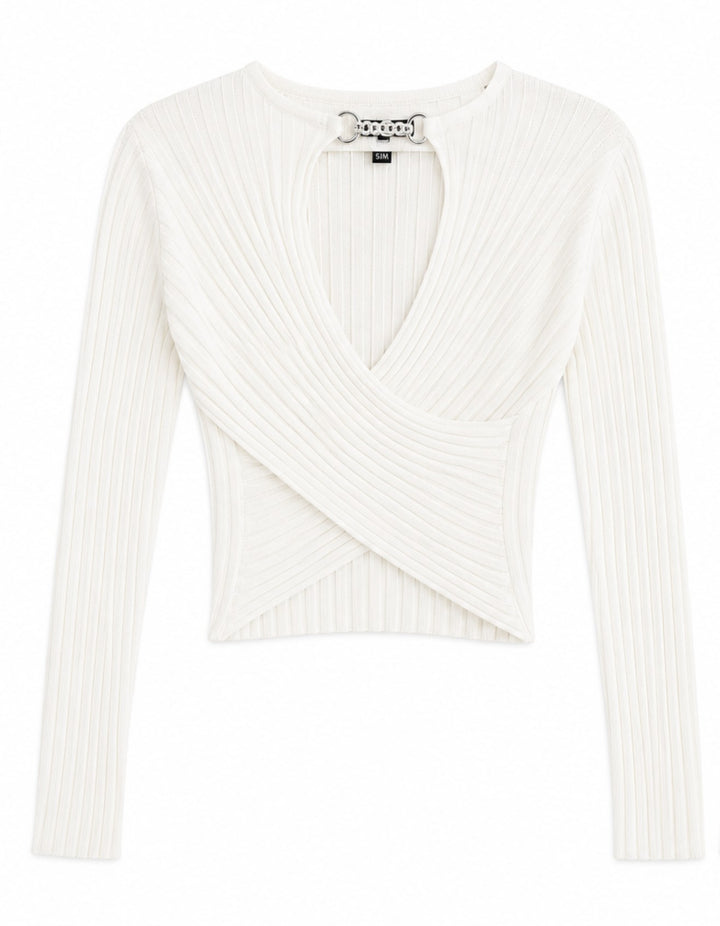 Ribbed Wrap Front Chain Detail Top
