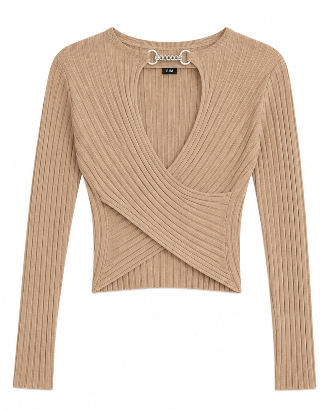 Ribbed Wrap Front Chain Detail Top