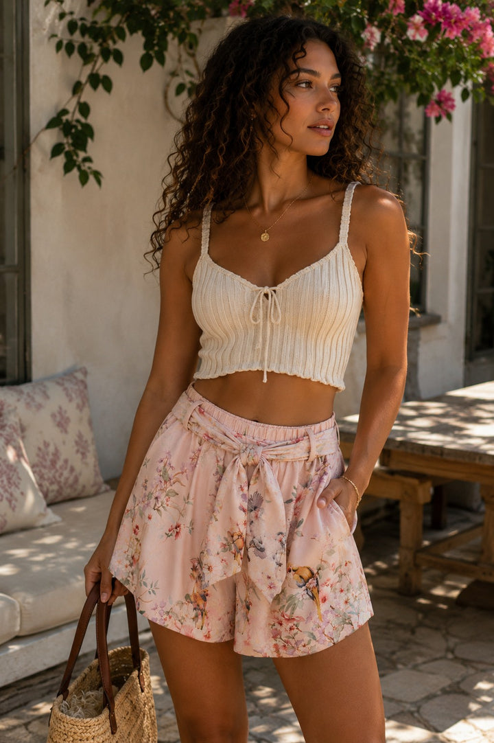 Satin Bird Print Shorts