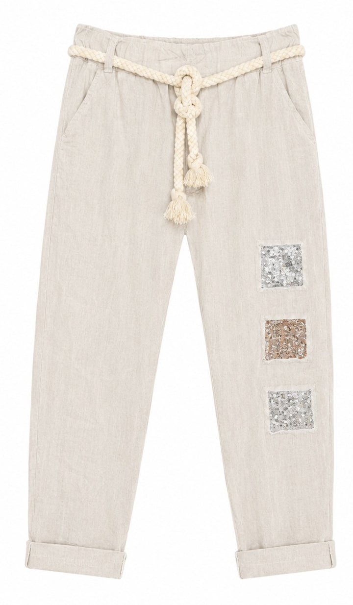 Sequin Patch Linen Blend Pants