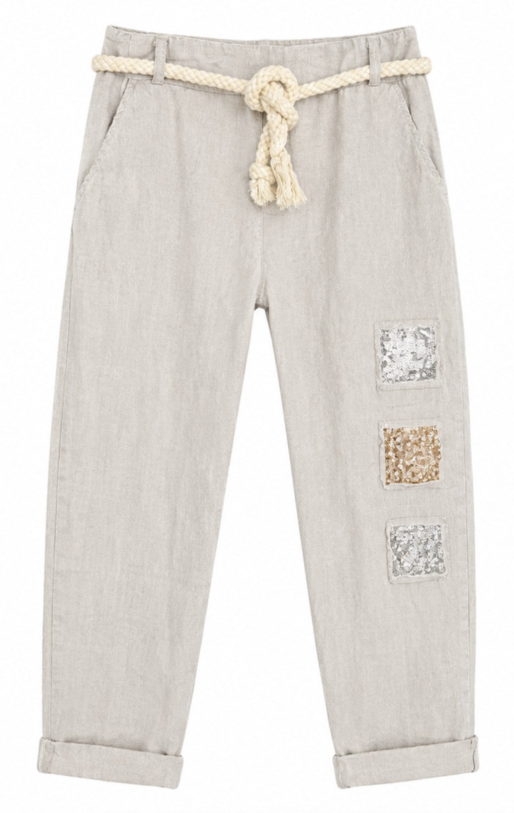Sequin Patch Linen Blend Pants
