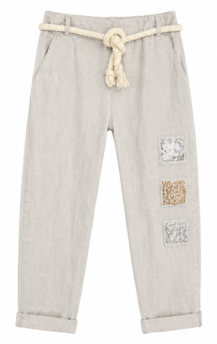 Sequin Patch Linen Blend Pants
