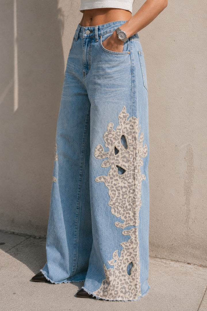 Wide-Leg Leopard Lace Panel Jeans