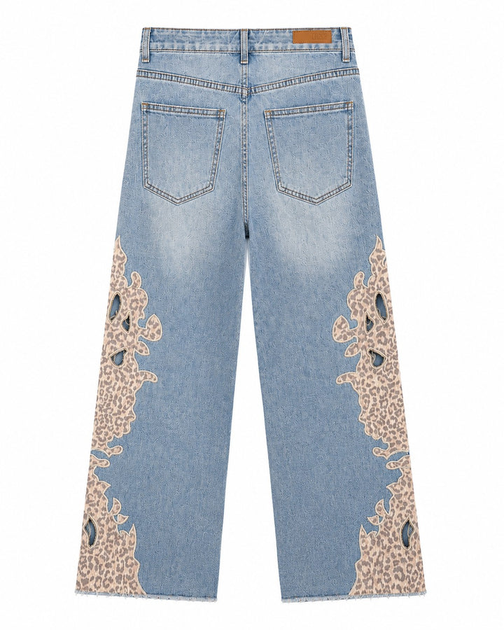 Wide-Leg Leopard Lace Panel Jeans