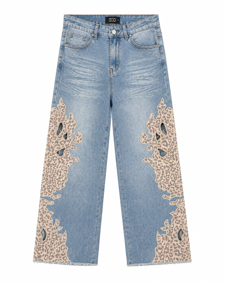 Wide-Leg Leopard Lace Panel Jeans