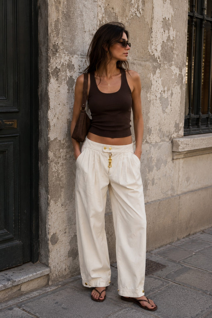 Wide-Leg Utility Pants with Gold Hardware