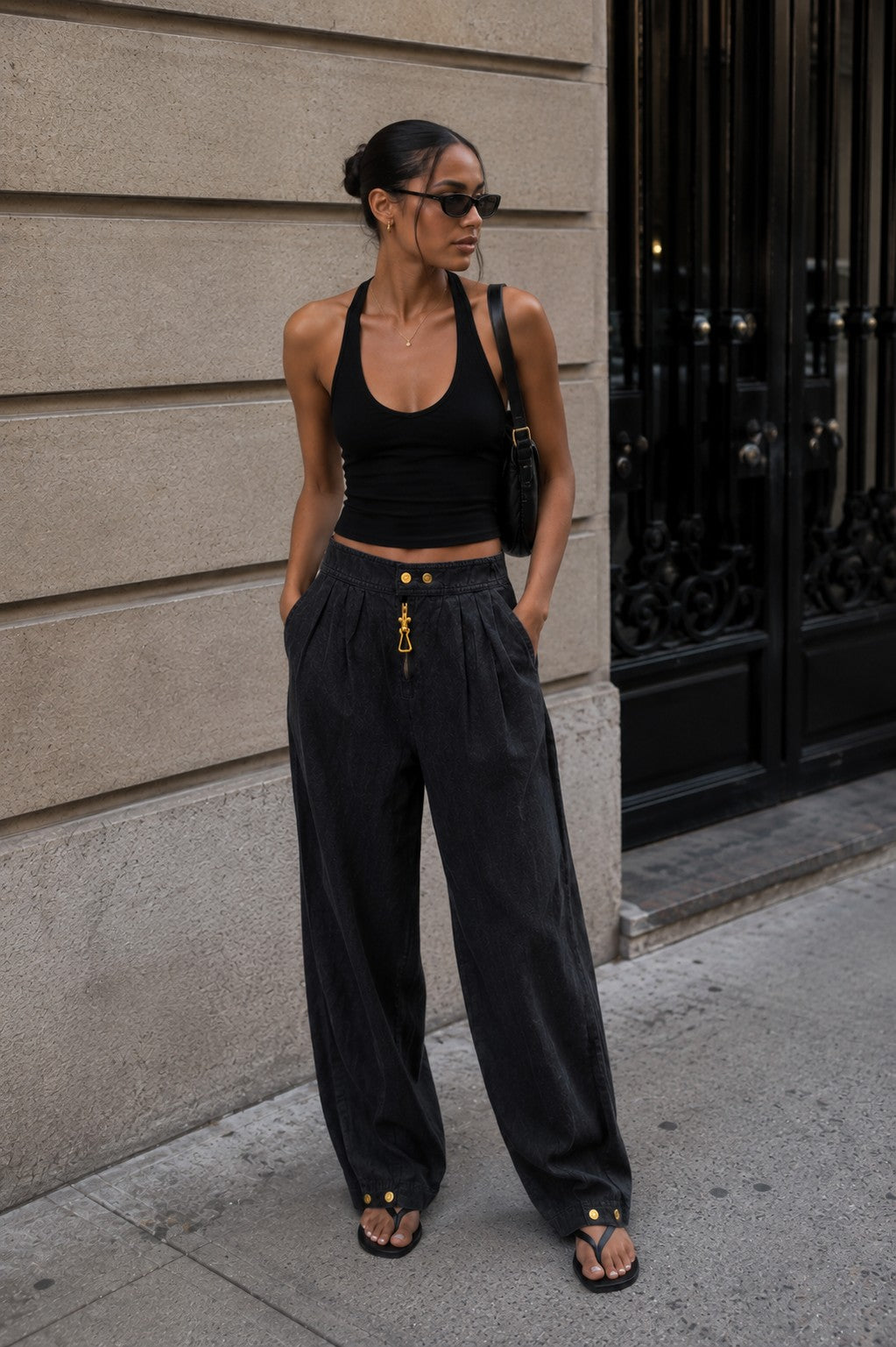 Wide-Leg Utility Pants with Gold Hardware