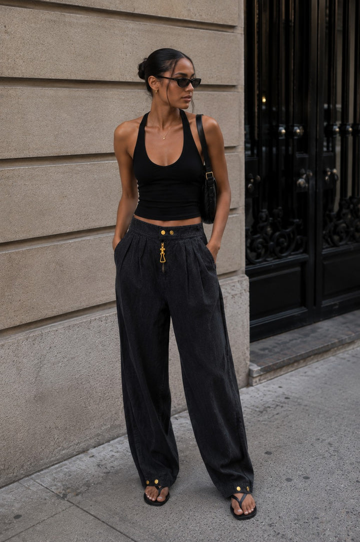 Wide-Leg Utility Pants with Gold Hardware