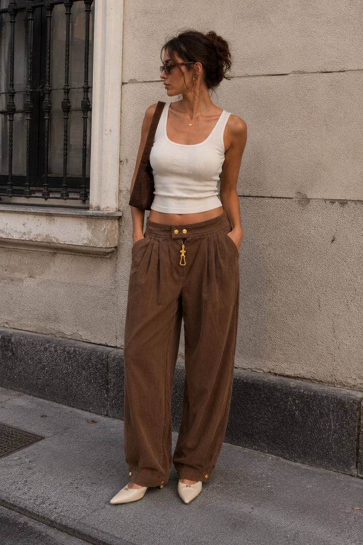 Wide-Leg Utility Pants with Gold Hardware