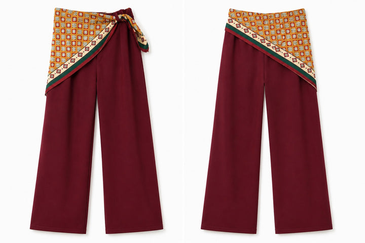 Wide-Leg Pants with Printed Scarf Belt