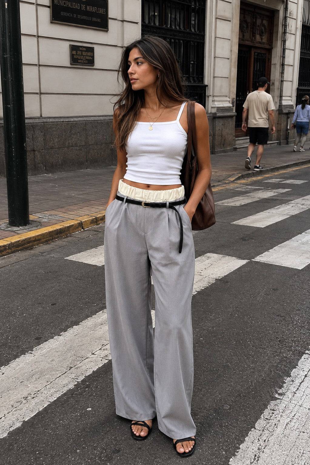 Contrast Double Waist Wide-Leg Trousers