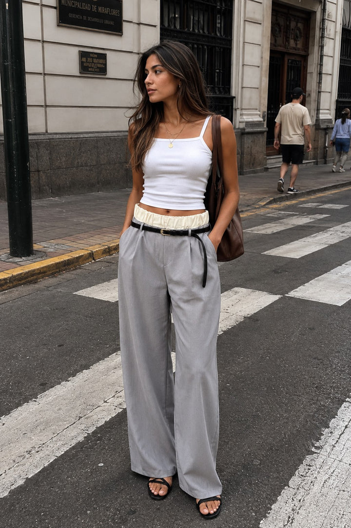 Contrast Double Waist Wide-Leg Trousers