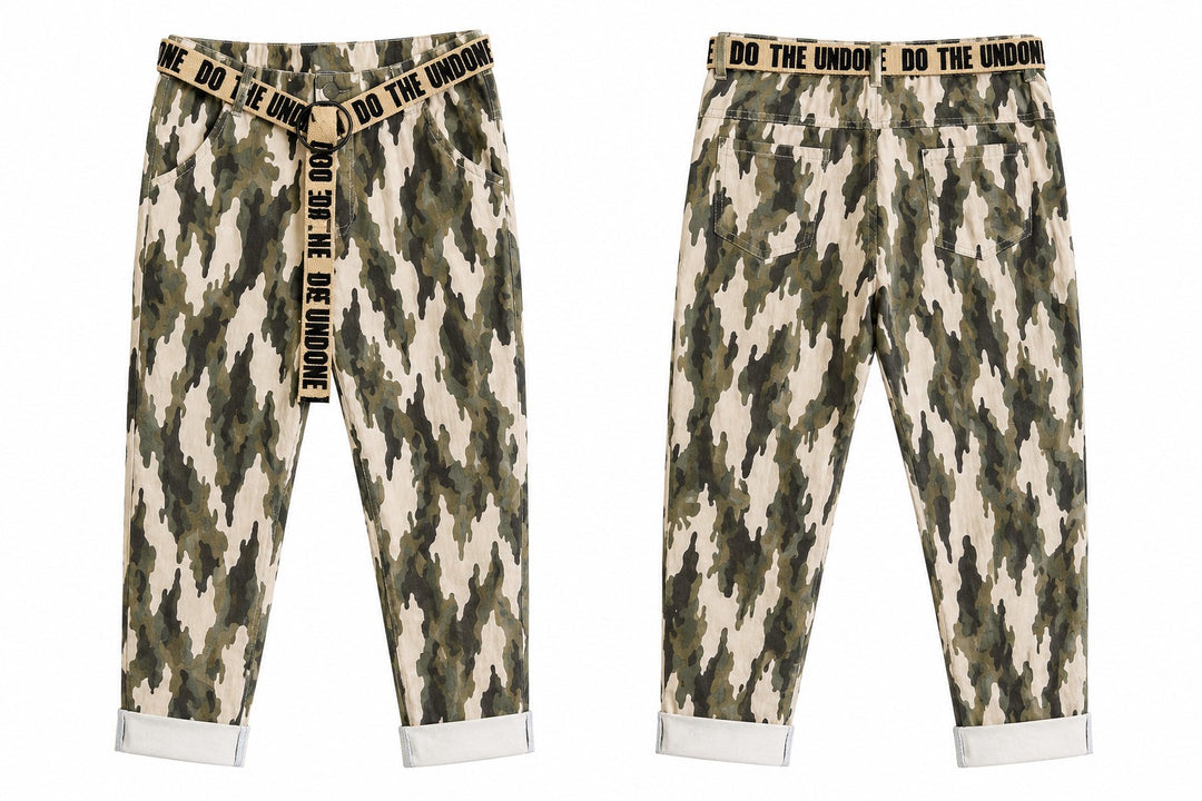 Camo Wide-Leg Utility Pants with Statement Belt