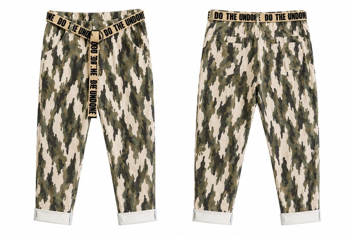Camo Wide-Leg Utility Pants with Statement Belt