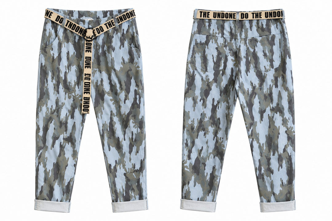 Camo Wide-Leg Utility Pants with Statement Belt