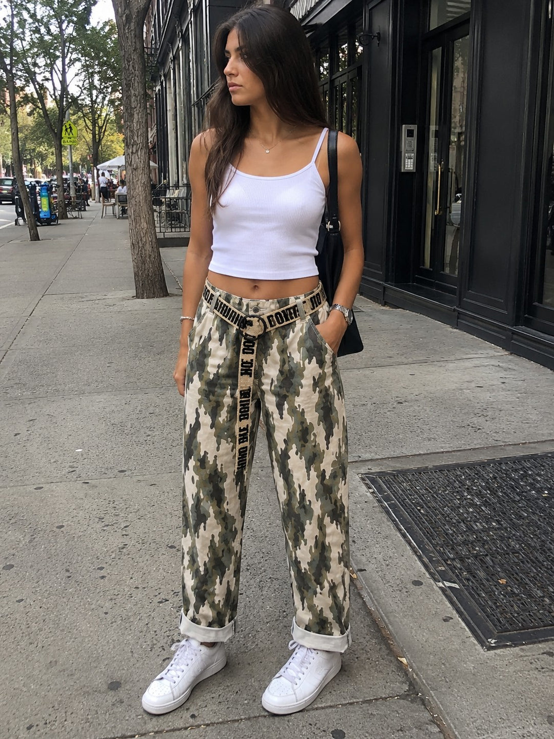 Camo Wide-Leg Utility Pants with Statement Belt