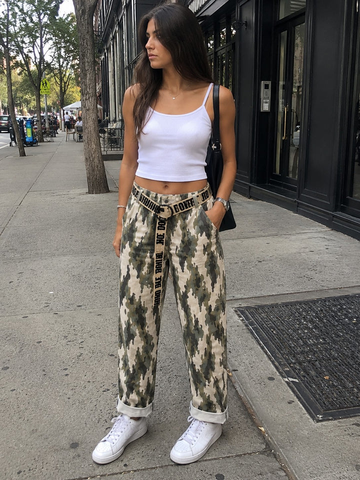 Camo Wide-Leg Utility Pants with Statement Belt