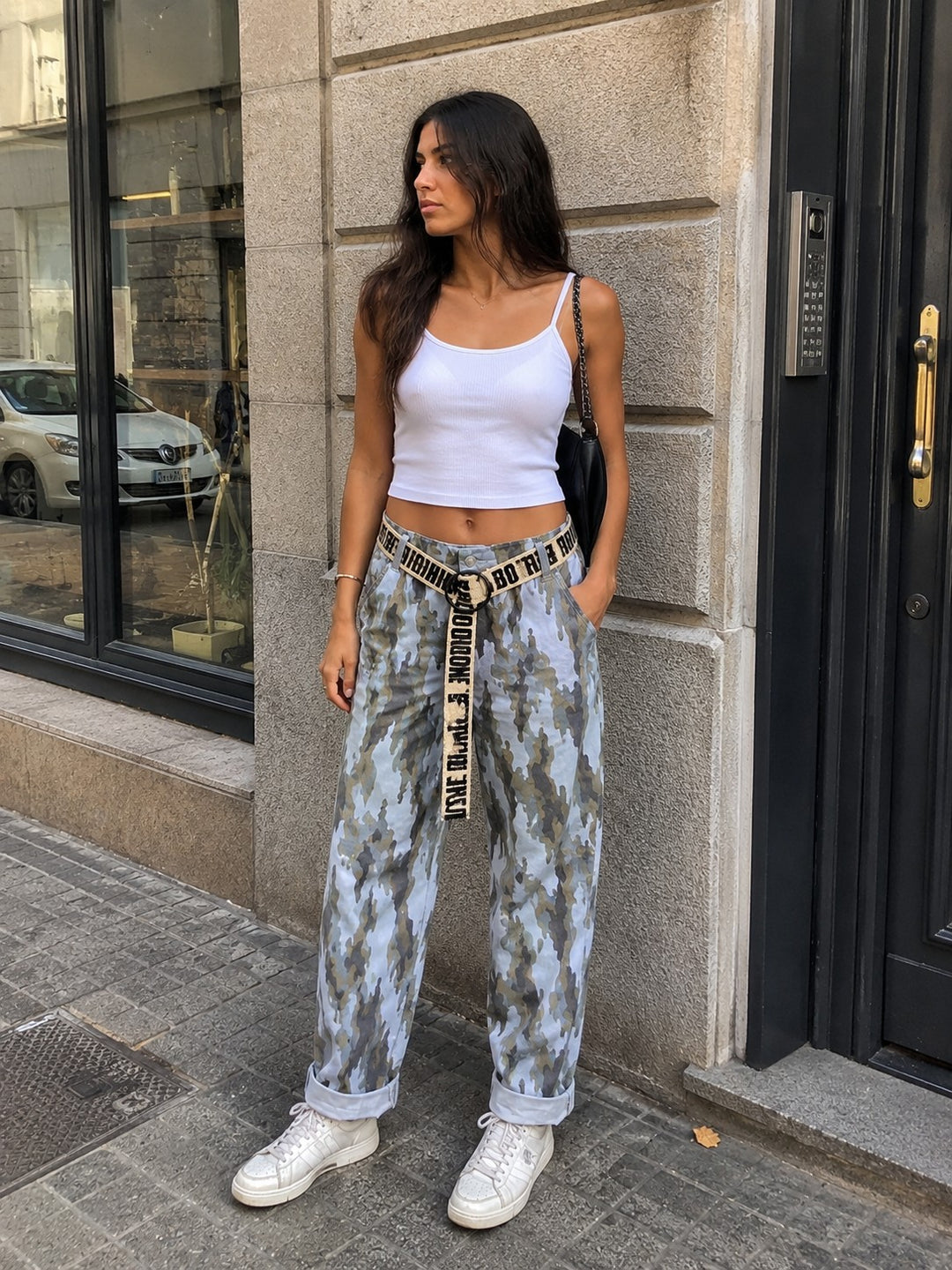 Camo Wide-Leg Utility Pants with Statement Belt