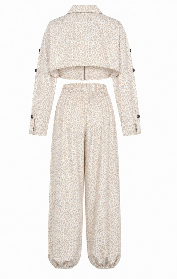 Leopard Print Cropped Shirt & Wide-Leg Pants Set