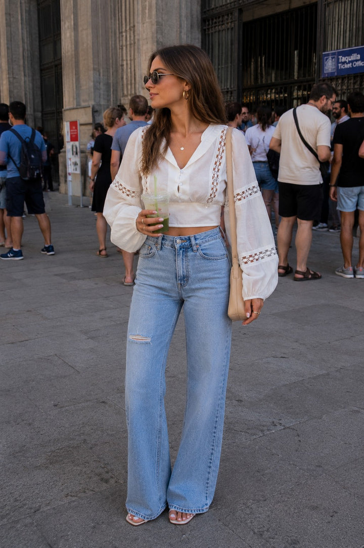 Lace Trim Cropped Blouse