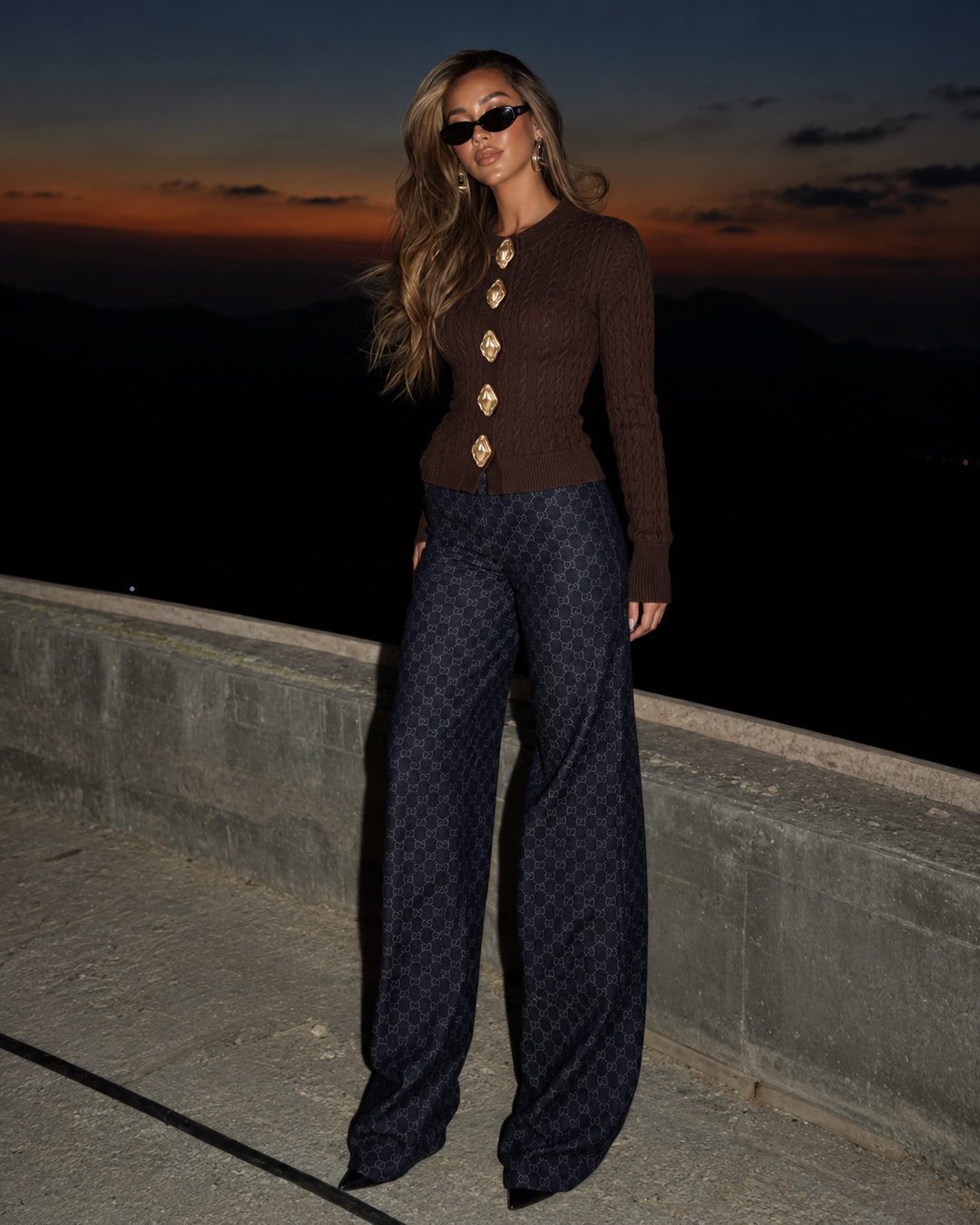 Gold & Pearl Statement Button Cable Knit Cardigan
