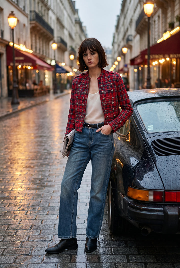 Kary Napoleon Military Cropped Denim Jacket