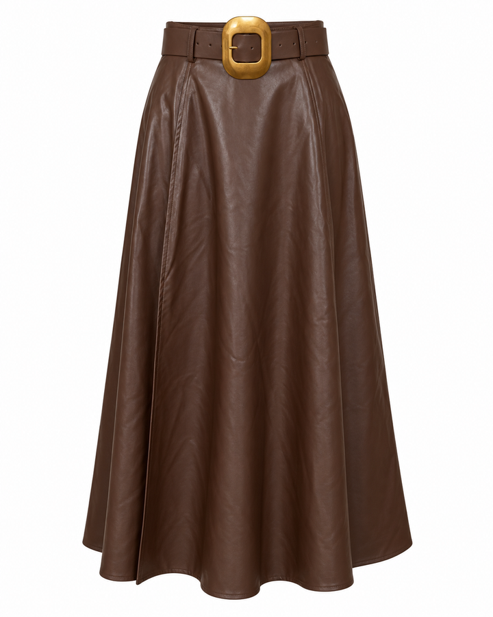 Belted Faux Leather Midi Skirt