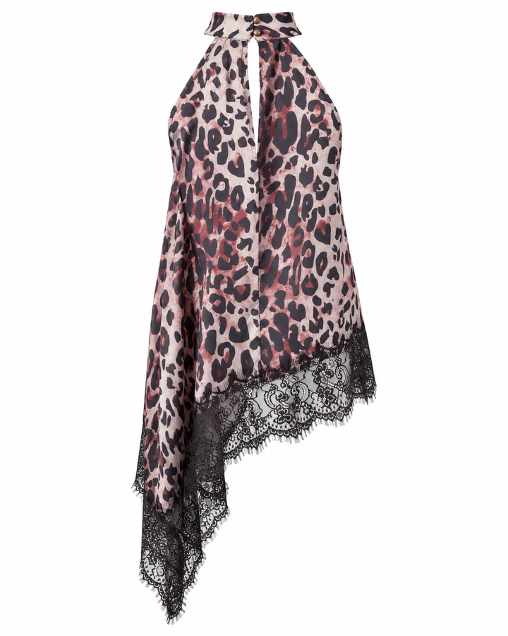 Animal Print Lace Trim Halter Top
