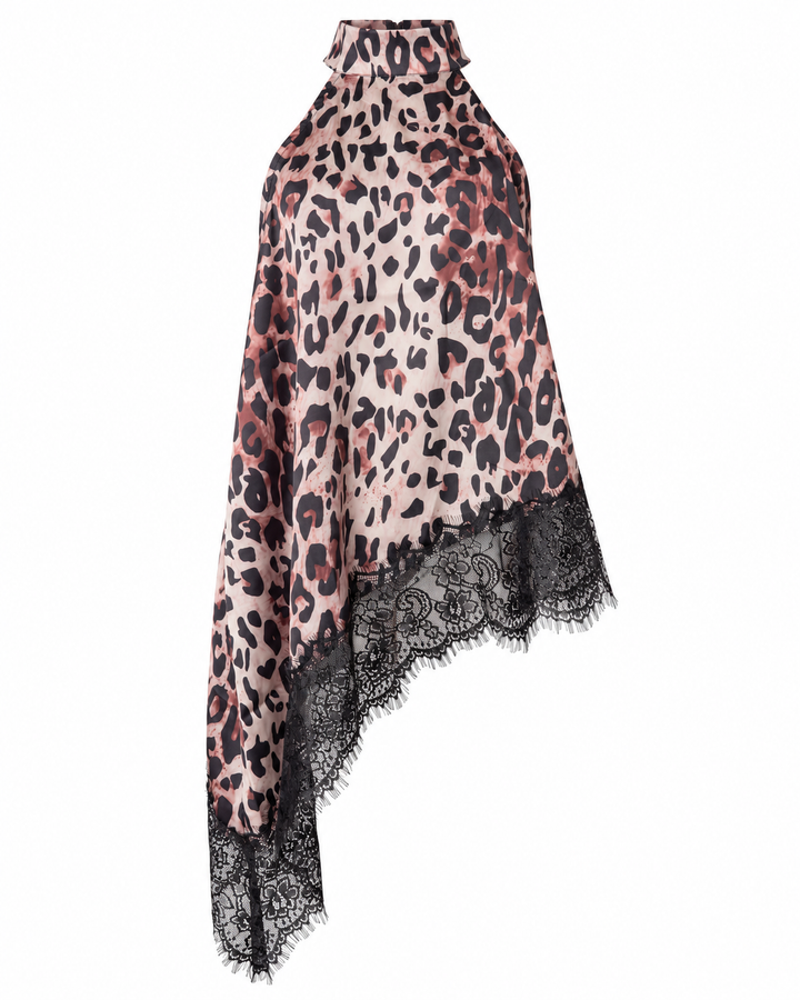 Animal Print Lace Trim Halter Top