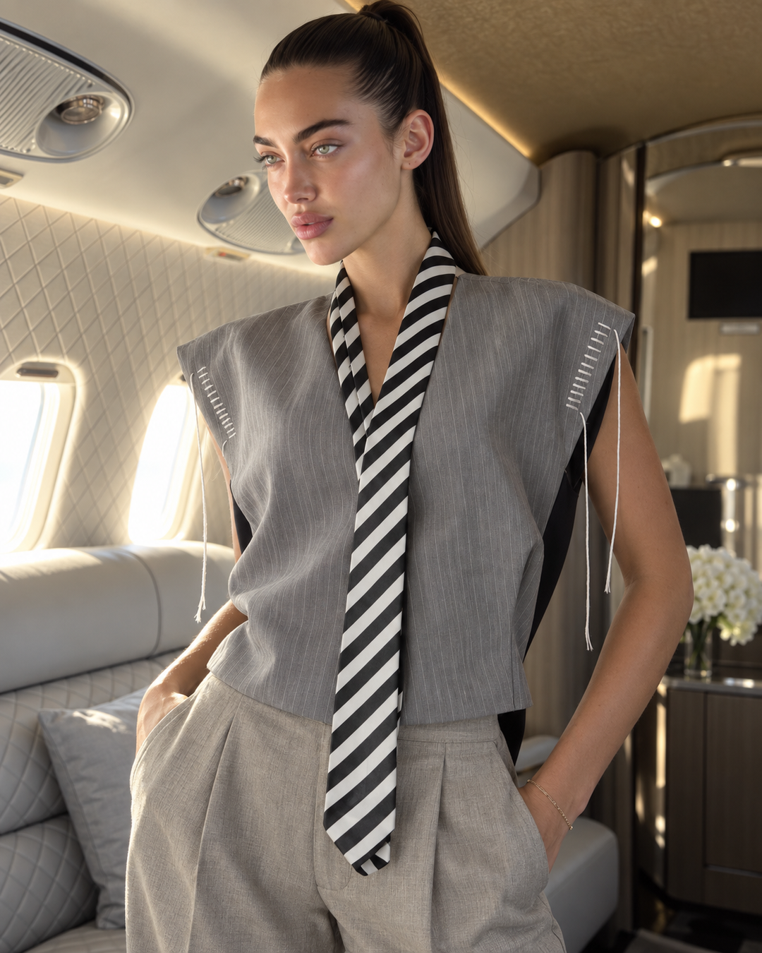 Pinstripe vest with tie detail