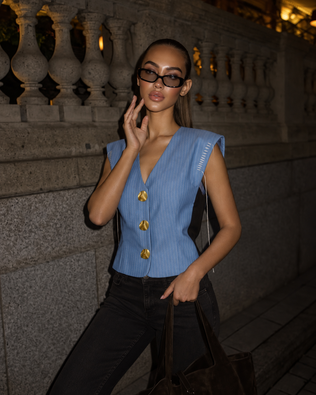 Pinstripe vest with tie detail