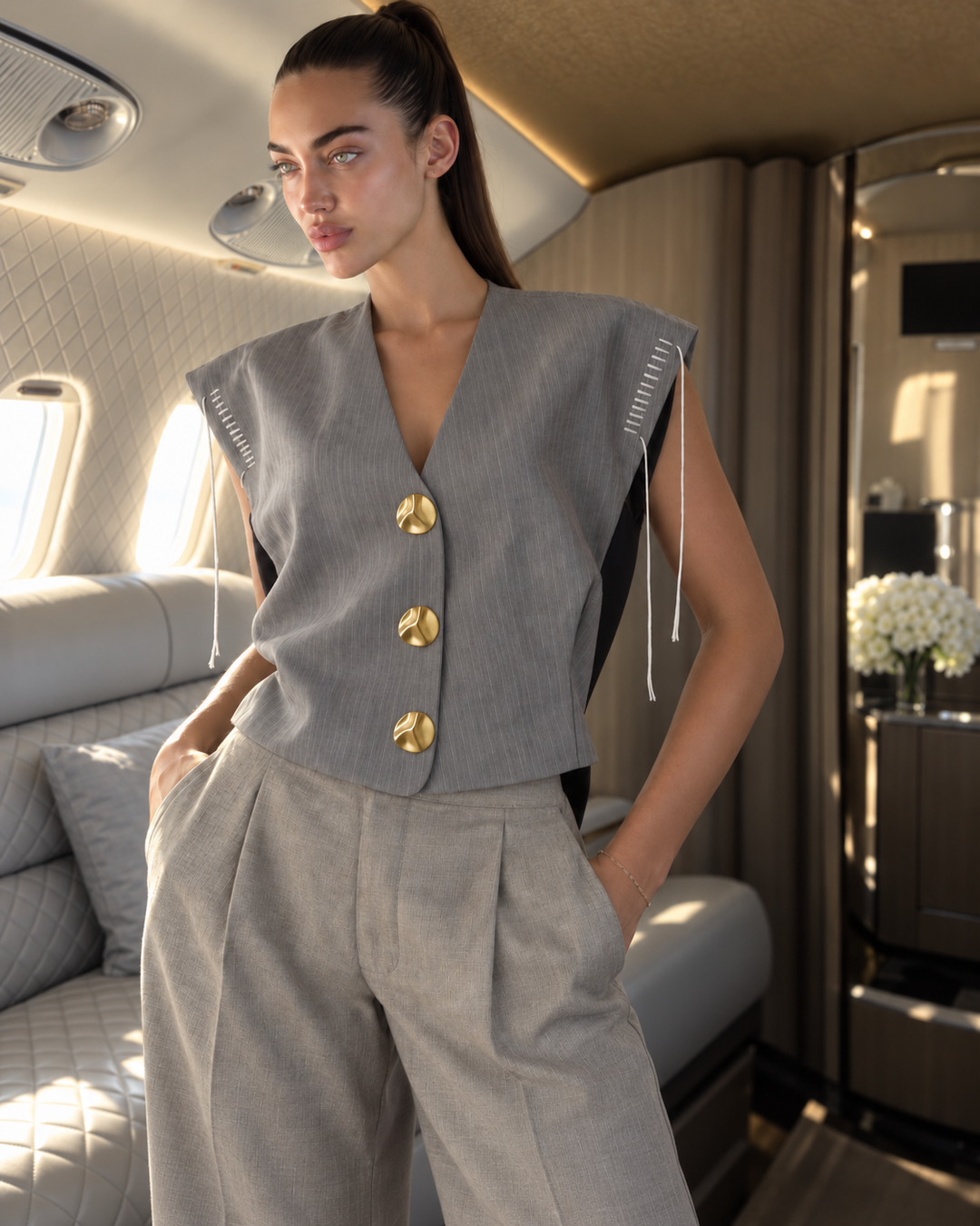 Pinstripe vest with tie detail